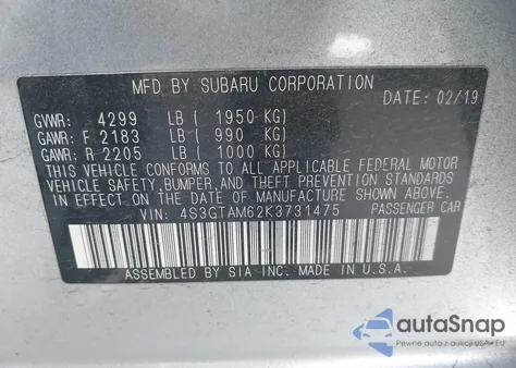 2019 Subaru Impreza 2.0I Sport from USA, damaged, VIN 4S3GTAM62K3731475
